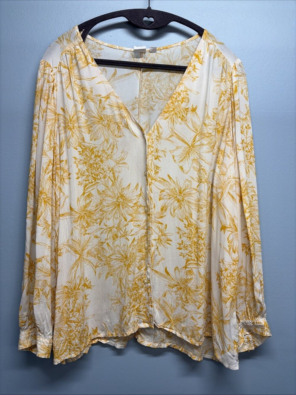 Gap - Beautiful Button-up Blouse - Golden Yellow Floral Print V-neck - Large